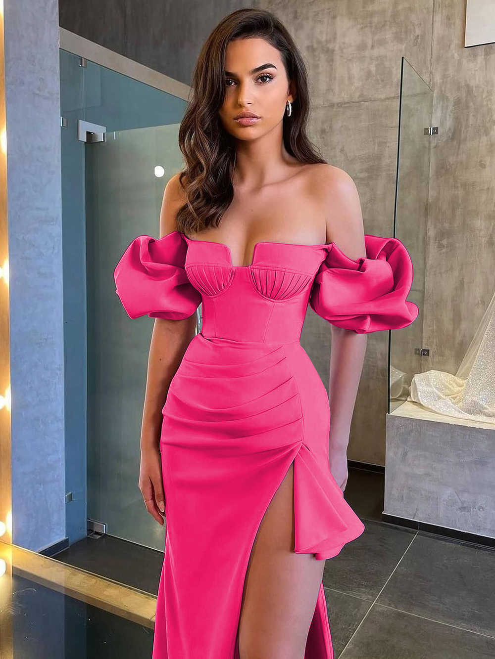 New Rosered Women Fashion Off the Shoulder Bodycon Midi Dress Rayon Bandage Fashion Puff Sleeve Celebrate Evening Party Outfit