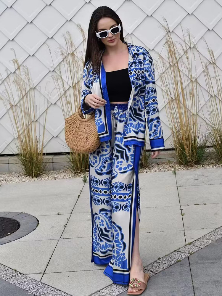 Womens Two Piece Pants Woman Shirts Sets Summer Geometric Print Loose Long sleeved Fashion Elastic Waist Wide Leg Outfits 230724