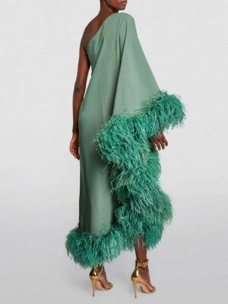 dress feather loose evening dress women oneshoulder long sleeve large swing evening dress solid color fashion dinner dress designer dress