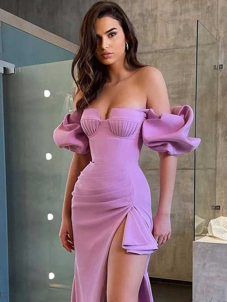 New Rosered Women Fashion Off the Shoulder Bodycon Midi Dress Rayon Bandage Fashion Puff Sleeve Celebrate Evening Party Outfit