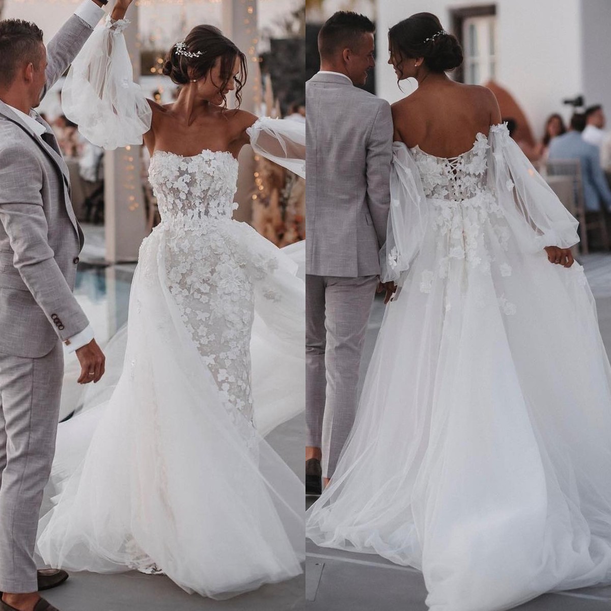 Boho Sheath Dresses For Bride Strapless Appliques Overskirts Wedding Dress Sweep Train Robe De Mariee Lace Up Back Bridal Gowns 0616