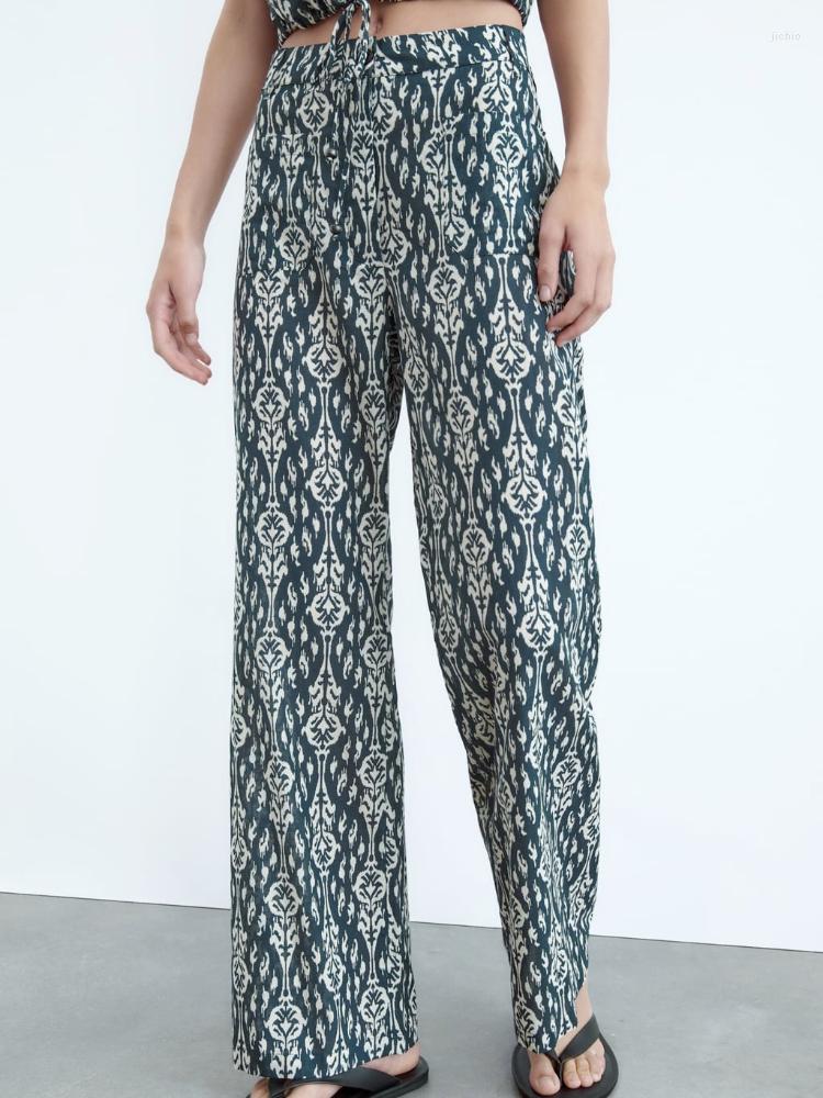 Womens Two Piece Pants ZBZA Summer Round Neck Sleeveless Adjustable Hem Printed Tied Top High-waisted Patch Pockets Straight Leg