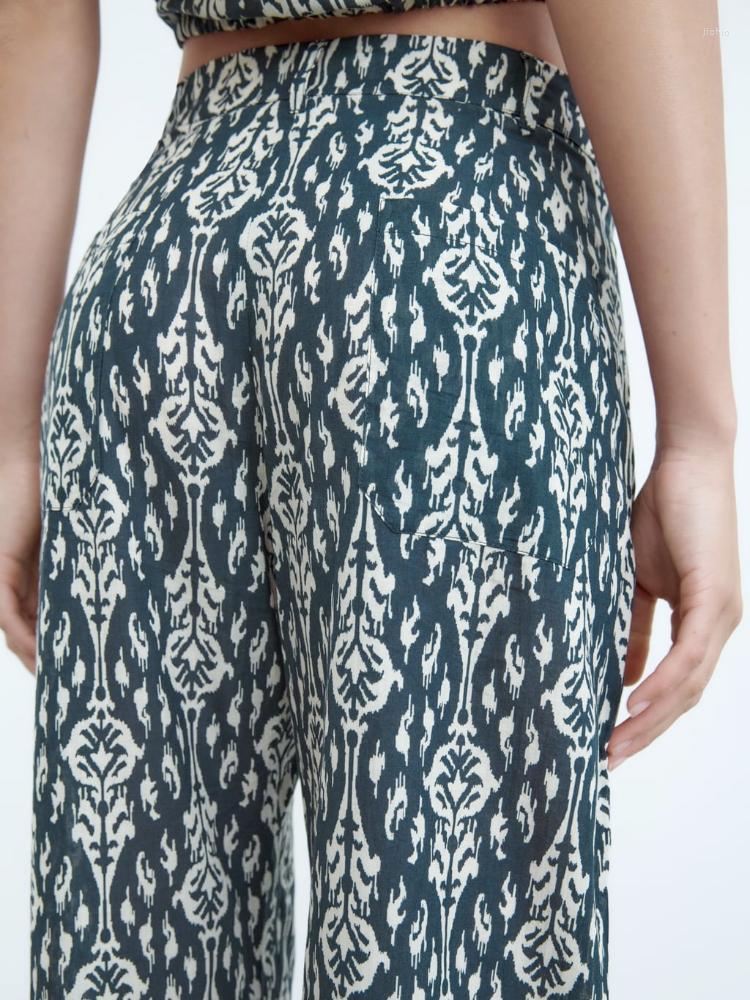 Womens Two Piece Pants ZBZA Summer Round Neck Sleeveless Adjustable Hem Printed Tied Top High-waisted Patch Pockets Straight Leg