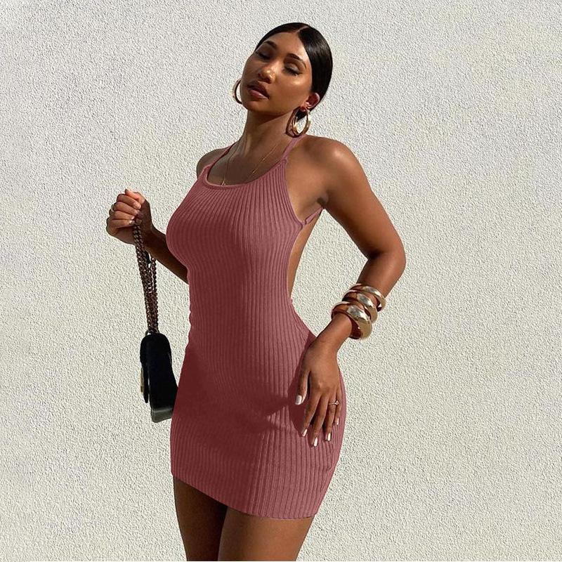 Casual Dresses Summer Bodycon Party Women Clothes Sexy Mini Dress Solid Color Halter Straps Club Backless Sleeveless