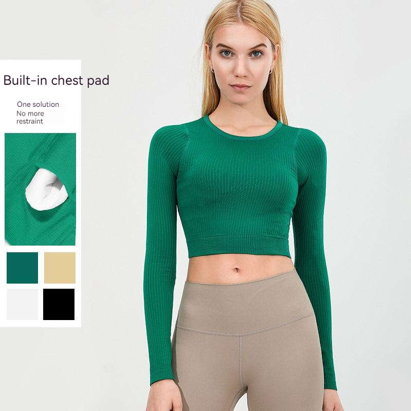 Women Long Sleeve Seamless Sports Top for Women with Chest Cushion Rib High Elastic Slim Fit Off Waist Nude Ebb Seamless weaving Yoga Clothes