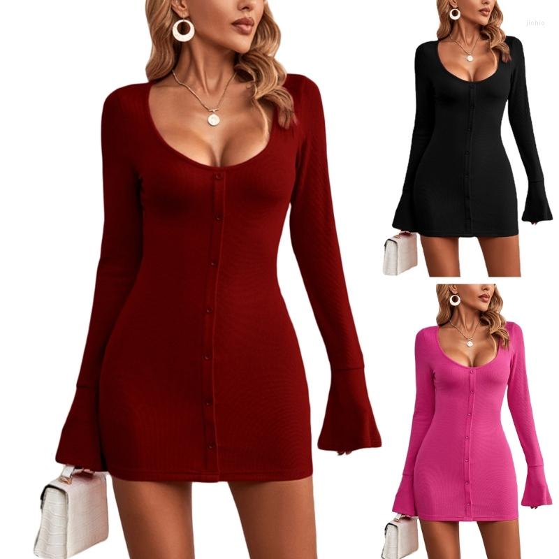 Casual Dresses Elegant Womens Knitted Long-Sleeved Dress With U-Neckline And Solid Color Perfect For Spring Summer 2023