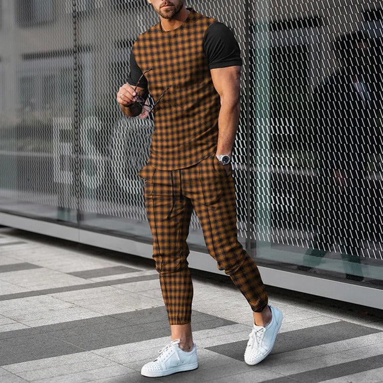 Men's Tracksuits Summer Trousers Tracksuit Set Sportwear 3d Print Stripe Short Sleeve T Shirtlong Pants 2 Piece Men Clothes 230724