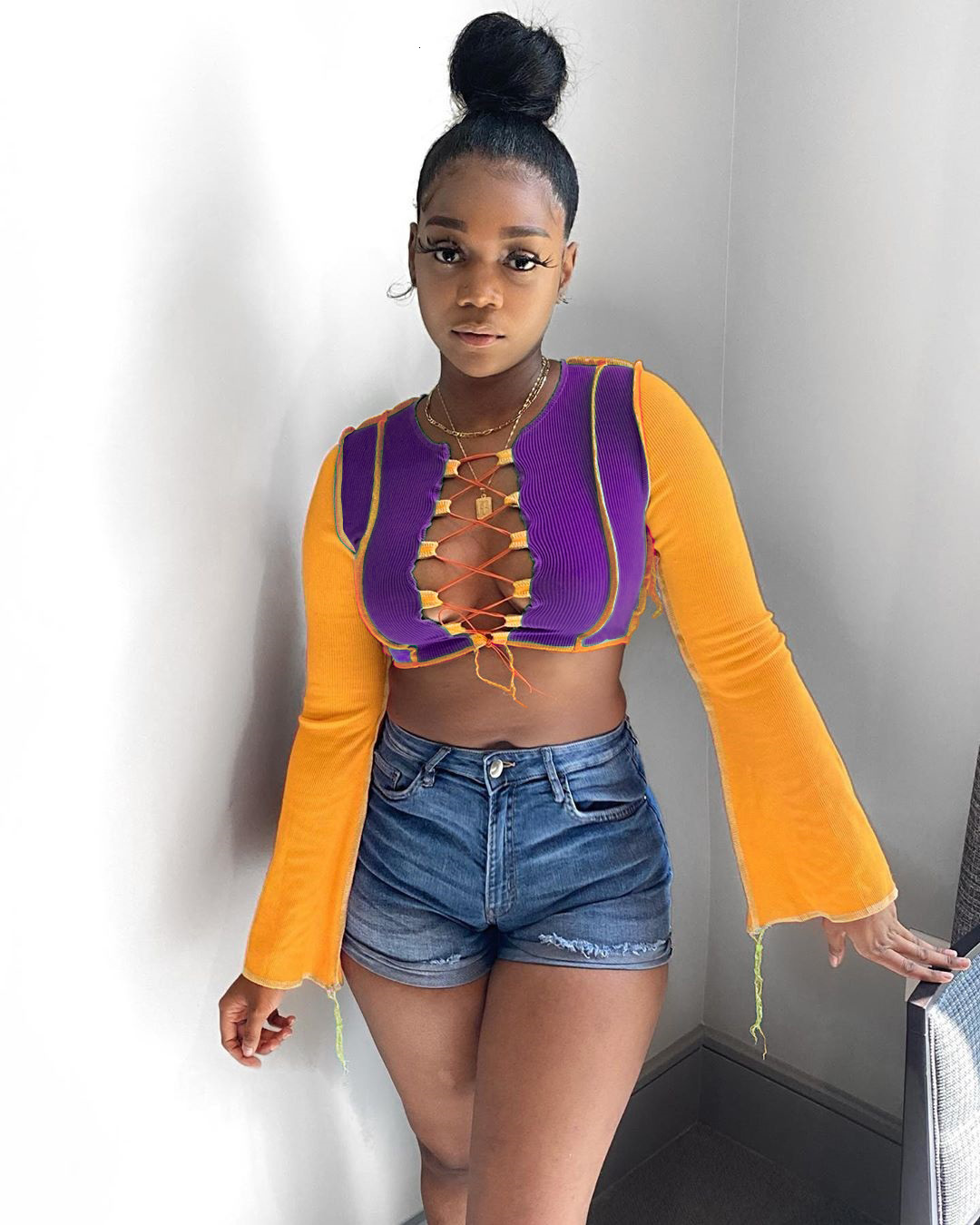 Simenual Patchwork Lace Up Color Match Crop Top Women Slit Flare Long Sleeve Hot T Shirts Fashion Club Party Sexy Bodycon Tees T200812