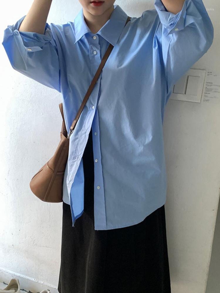 Womens T Shirts Women Simple Lapel Oversize Shirt Single Breasted Blouse Top 2023 Spring Autumn Fashion Solid Color Ladies Blusas M948