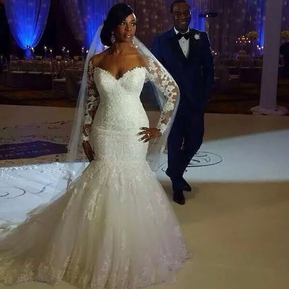White Wedding Dresses Plus Size Ivory Bridal Gowns Formal Mermaid Trumpet Long Sleeve Sweetheart Tulle Applique Zipper New Custom