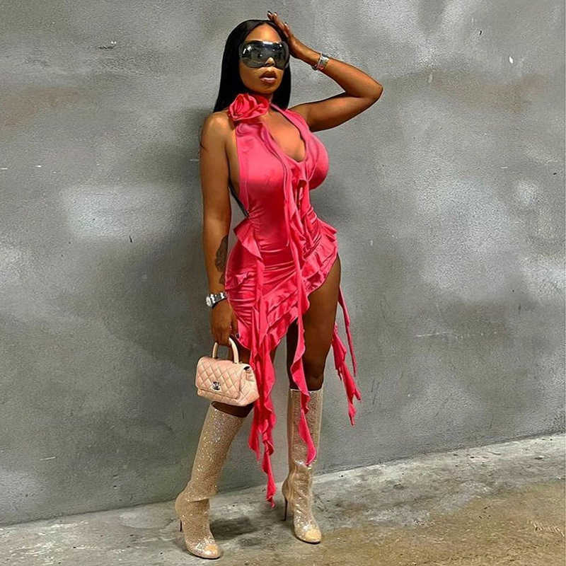 women Featured ruffle hanging neck asymmetric buttock skirt design sense party dress