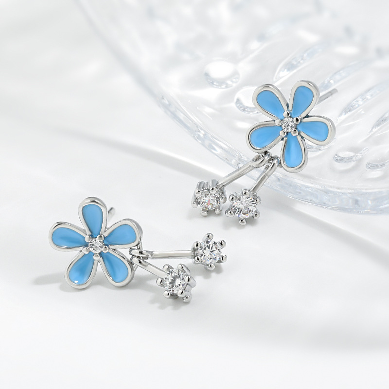 Elegant Blue Crystals & Floral Detail Small Stud Earrings Hypoallergenic 925 Silver Daisies Swiveling Ear Jewelry for Her