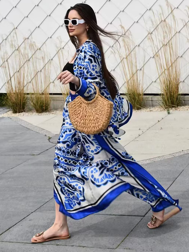 Womens Two Piece Pants Woman Shirts Sets Summer Geometric Print Loose Long sleeved Fashion Elastic Waist Wide Leg Outfits 230724