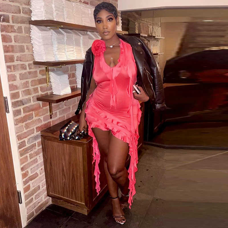 women Featured ruffle hanging neck asymmetric buttock skirt design sense party dress