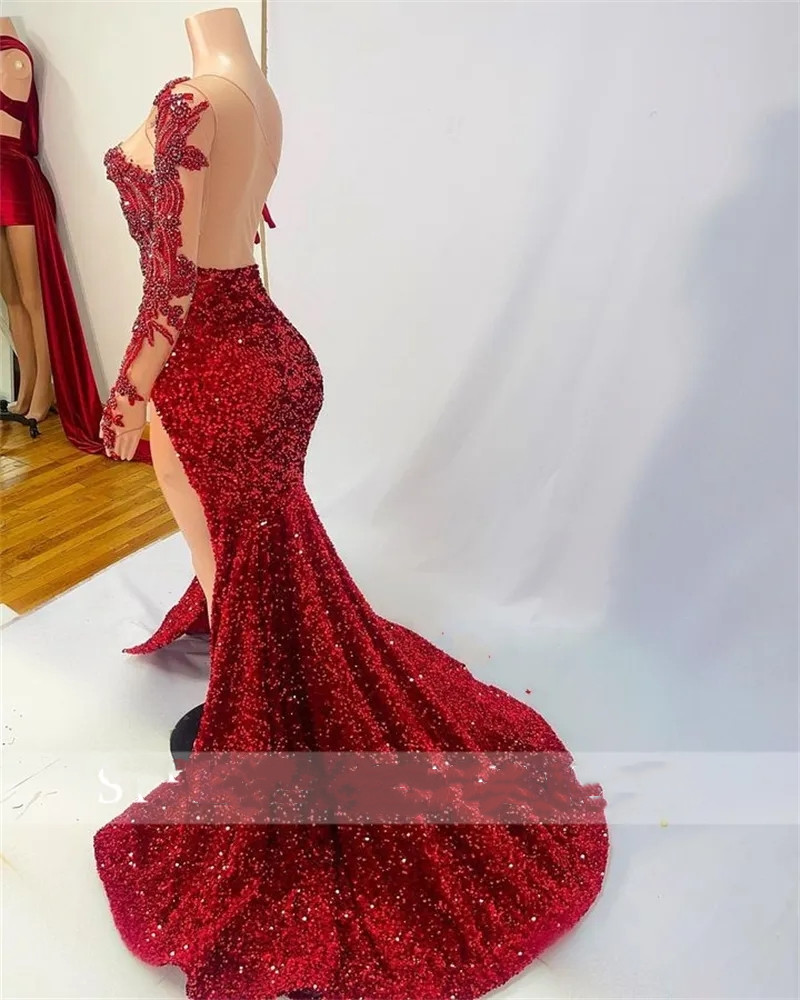 Sexy Red Prom Party Dresses One Shoulder Backless Plus Size Sparkly Sequins Split Evening Ocn Gowns Robe