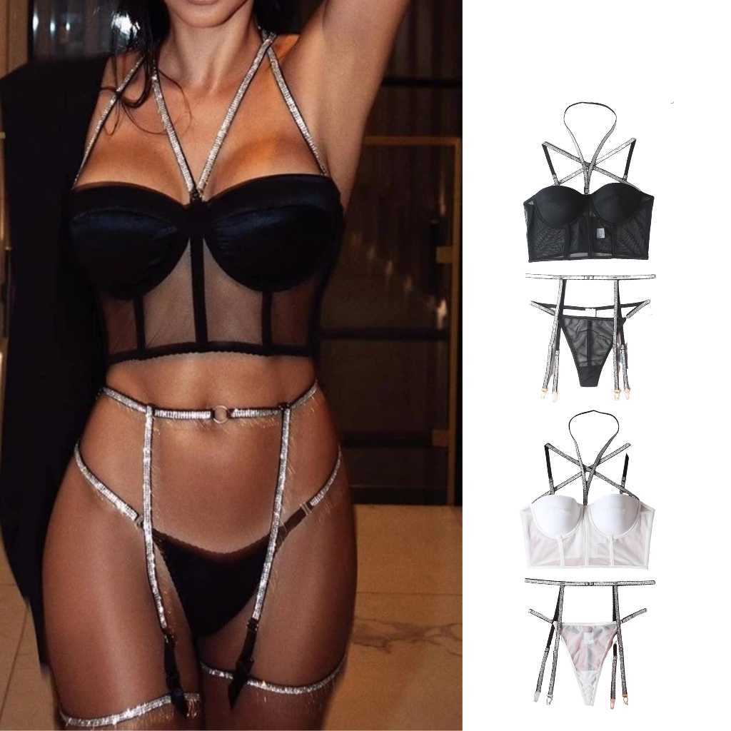 Glitter Lingerie Transparent Tulle Underwear Seamless Bra Kit Outfit Sheer Lace Garter Thong Luxury Fine Bilizna Set Shine Sexy 230717