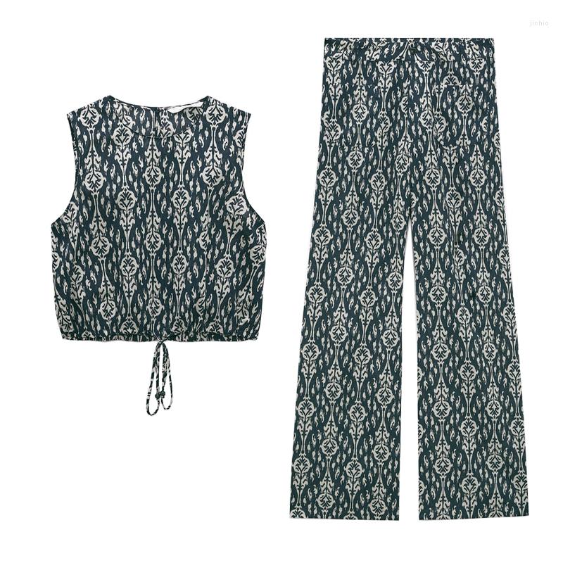 Womens Two Piece Pants ZBZA Summer Round Neck Sleeveless Adjustable Hem Printed Tied Top High-waisted Patch Pockets Straight Leg