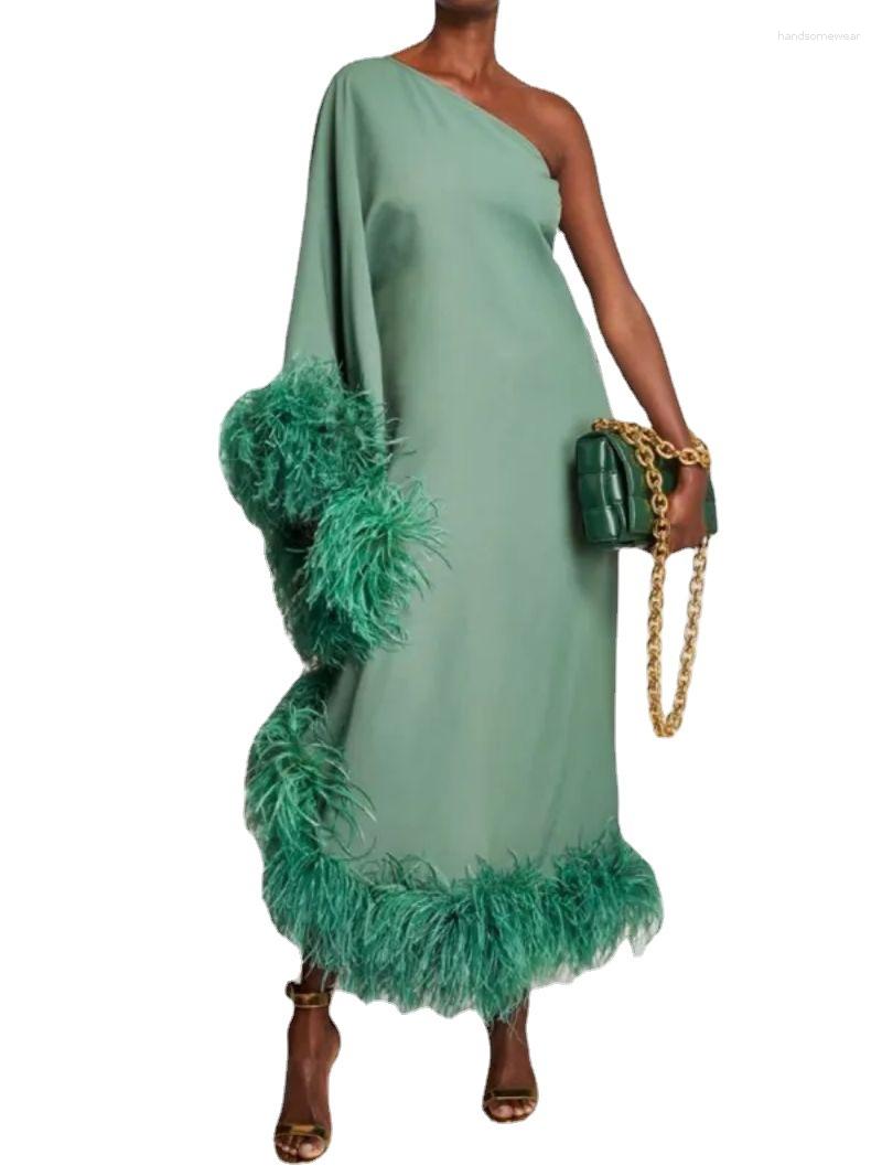 dress feather loose evening dress women oneshoulder long sleeve large swing evening dress solid color fashion dinner dress designer dress