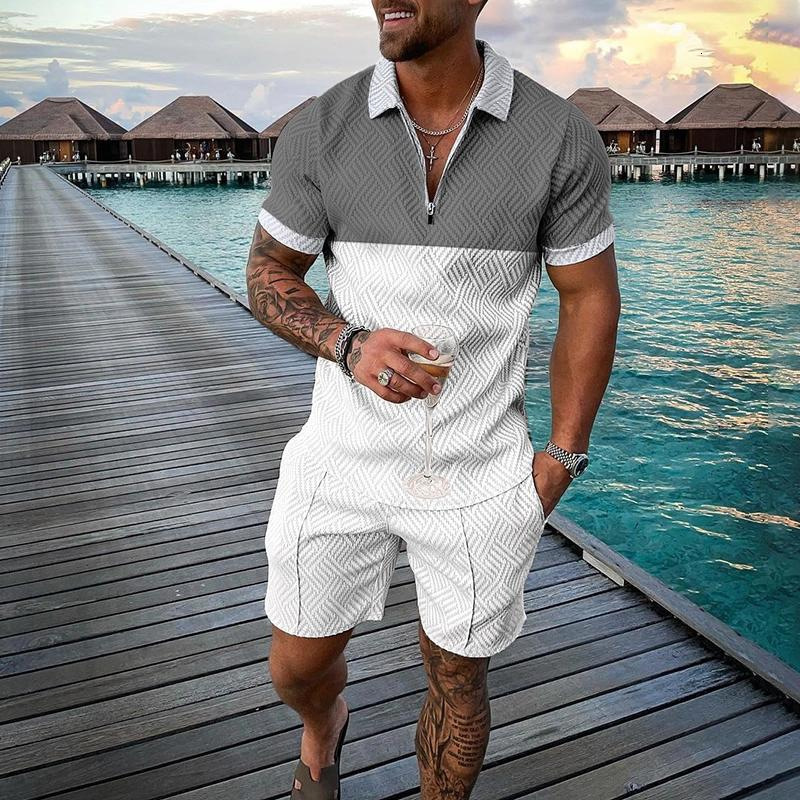 Mens Tracksuits Fashion Zipper Polo Shirt Set Casual 3D Printed Shorts Beach Boys Summer men t shirts 230724