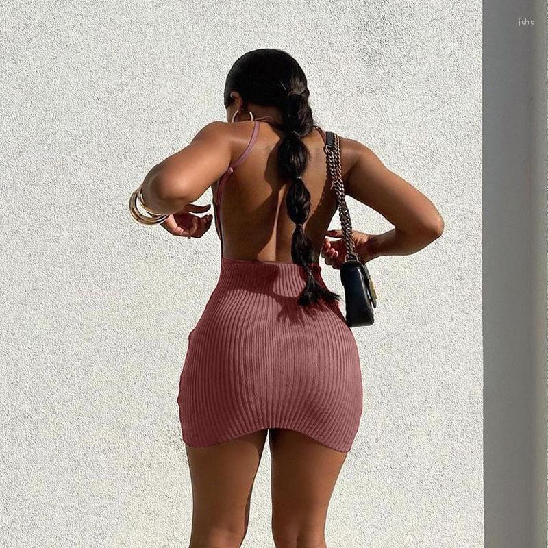 Casual Dresses Summer Bodycon Party Women Clothes Sexy Mini Dress Solid Color Halter Straps Club Backless Sleeveless