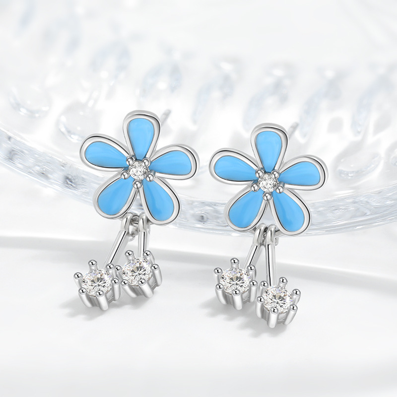 Elegant Blue Crystals & Floral Detail Small Stud Earrings Hypoallergenic 925 Silver Daisies Swiveling Ear Jewelry for Her