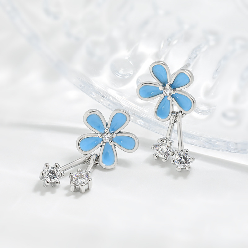 Elegant Blue Crystals & Floral Detail Small Stud Earrings Hypoallergenic 925 Silver Daisies Swiveling Ear Jewelry for Her