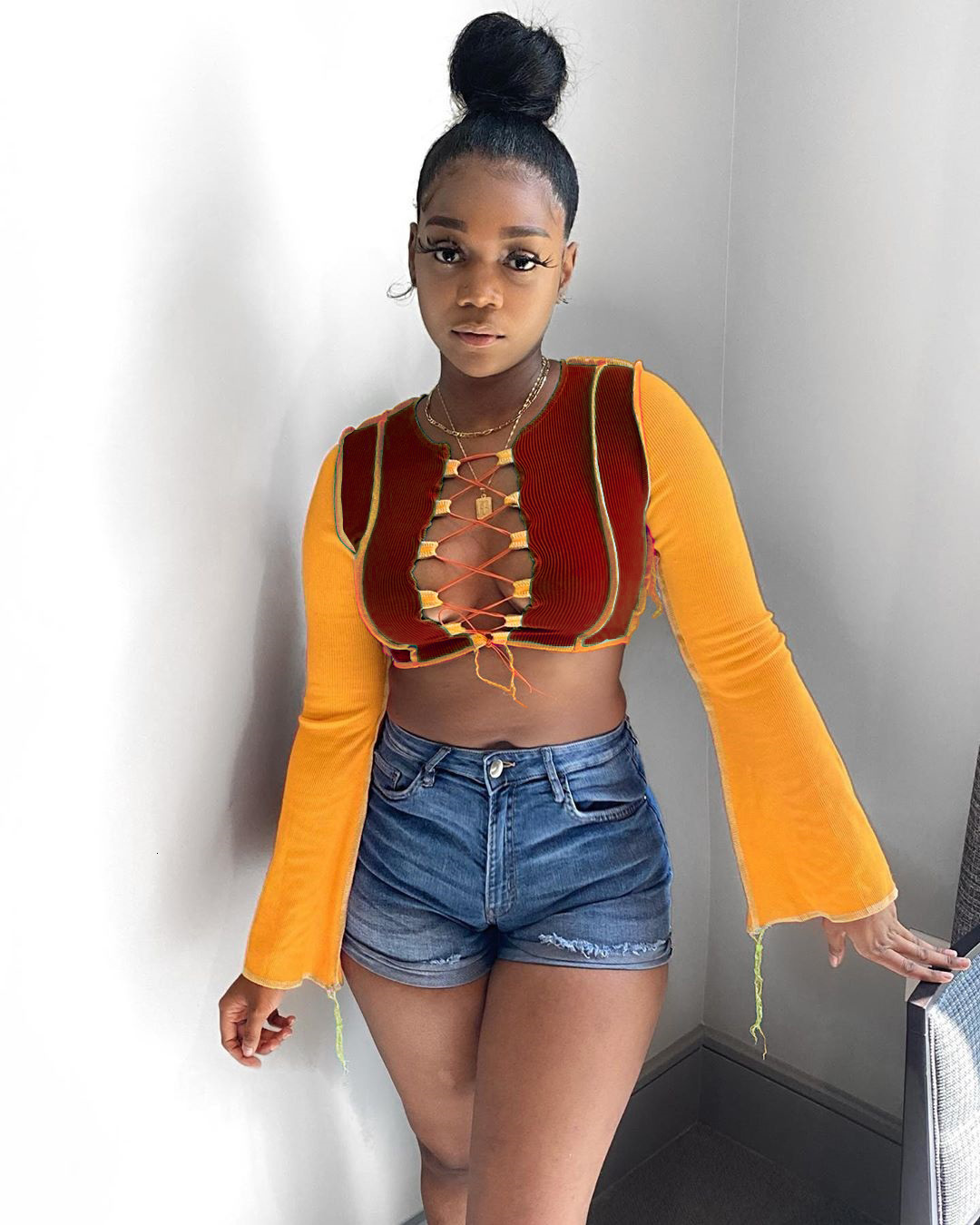 Simenual Patchwork Lace Up Color Match Crop Top Women Slit Flare Long Sleeve Hot T Shirts Fashion Club Party Sexy Bodycon Tees T200812