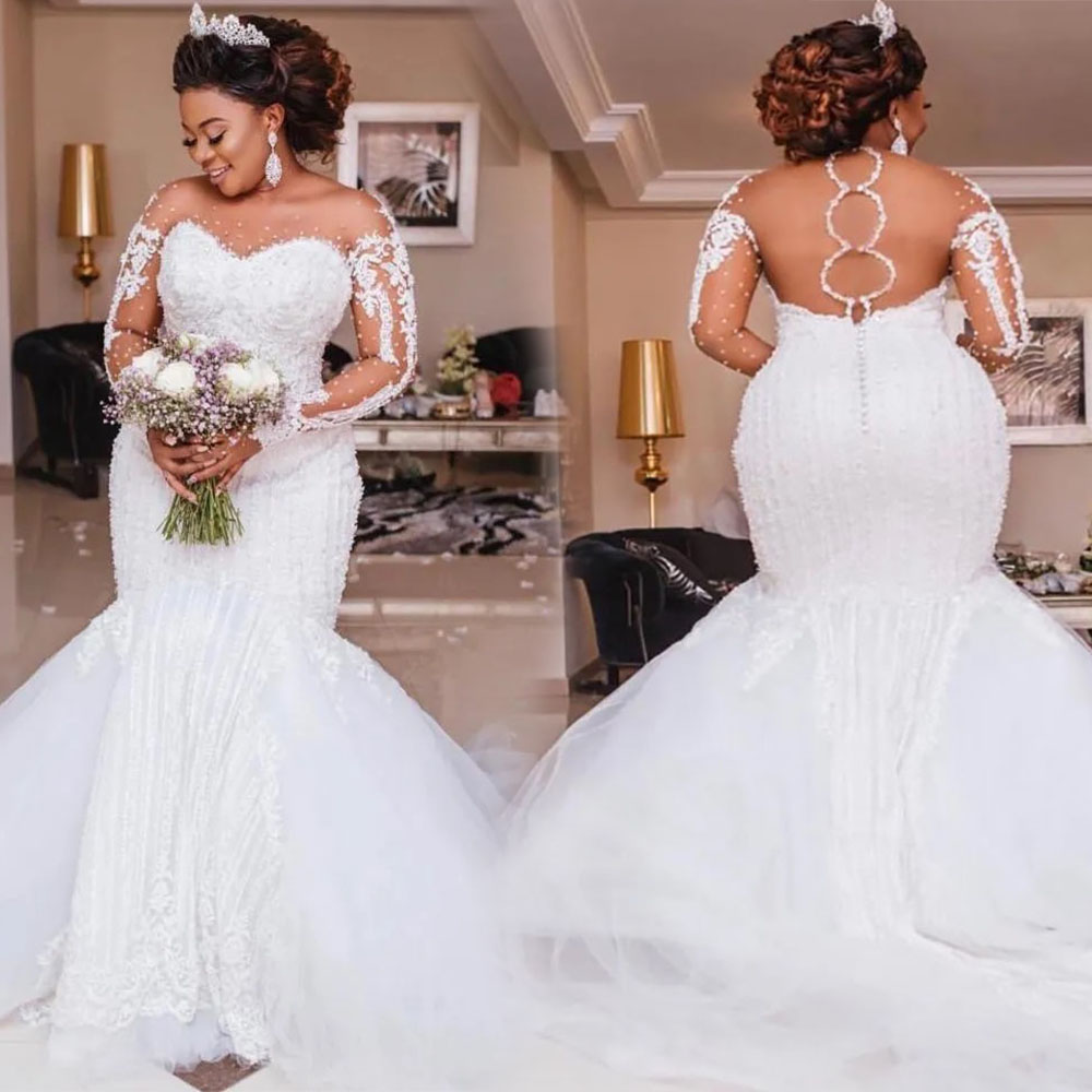 White Wedding Dress Plus Size Ivory Trumpet Mermaid Long Sleeve Tulle Applique Beaded Bridal Gown Illusion O-Neck 2024