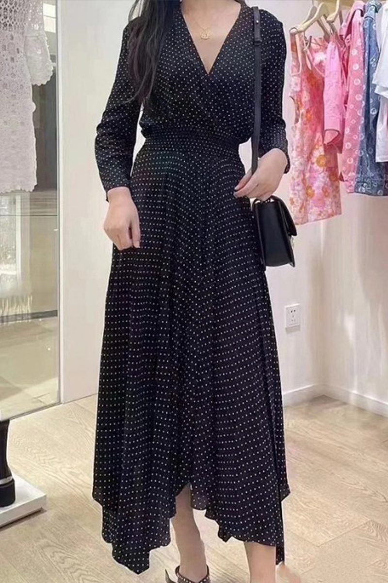 New M-aje V-neck Polka Dot A-line Dress Fit Long Sleeve Long Dress for Women