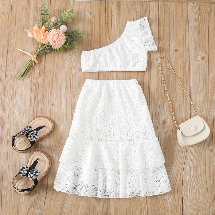 Clothing Sets 1 6Y Kids Girls Fashion Set Sleeveless Lace One shoulder Vest with Dual layer Skirt Summer Casual Outfit 230724