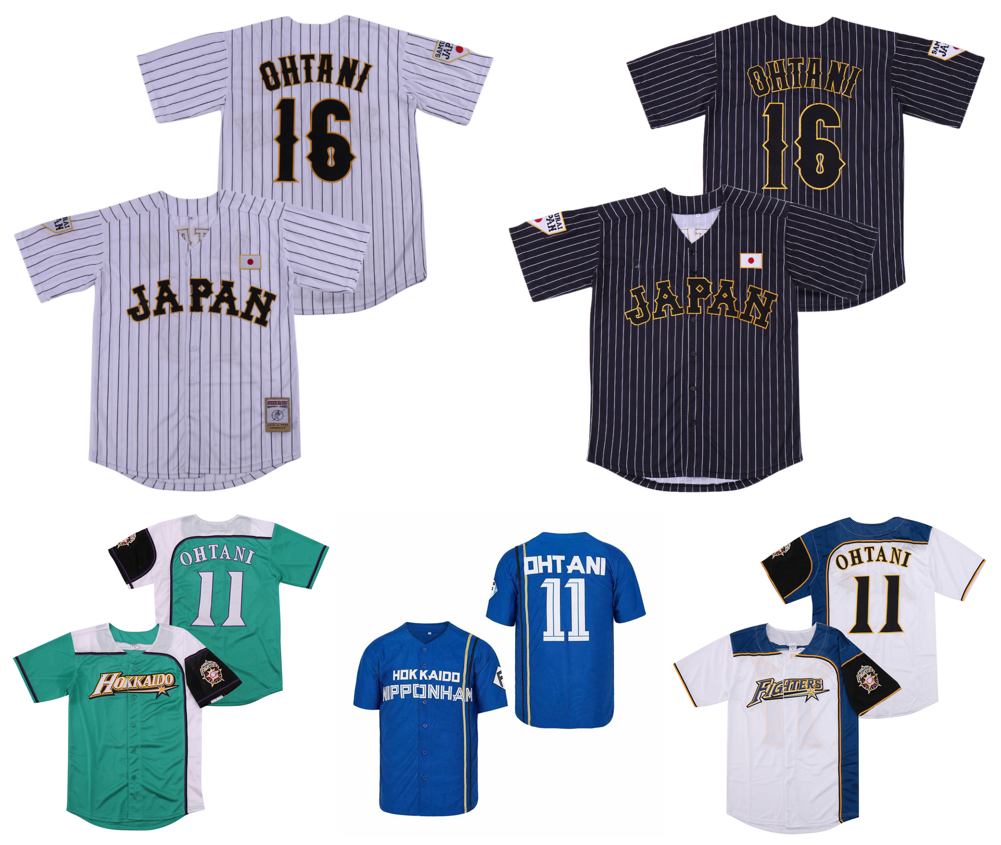 Japan Samurai 16 Shohei Ohtani Black White Stripe Pinstriped Hokkaido Nippon Ham Fighters Jersey Movie 100% Stitched Baseball Jersey Size S-4XL