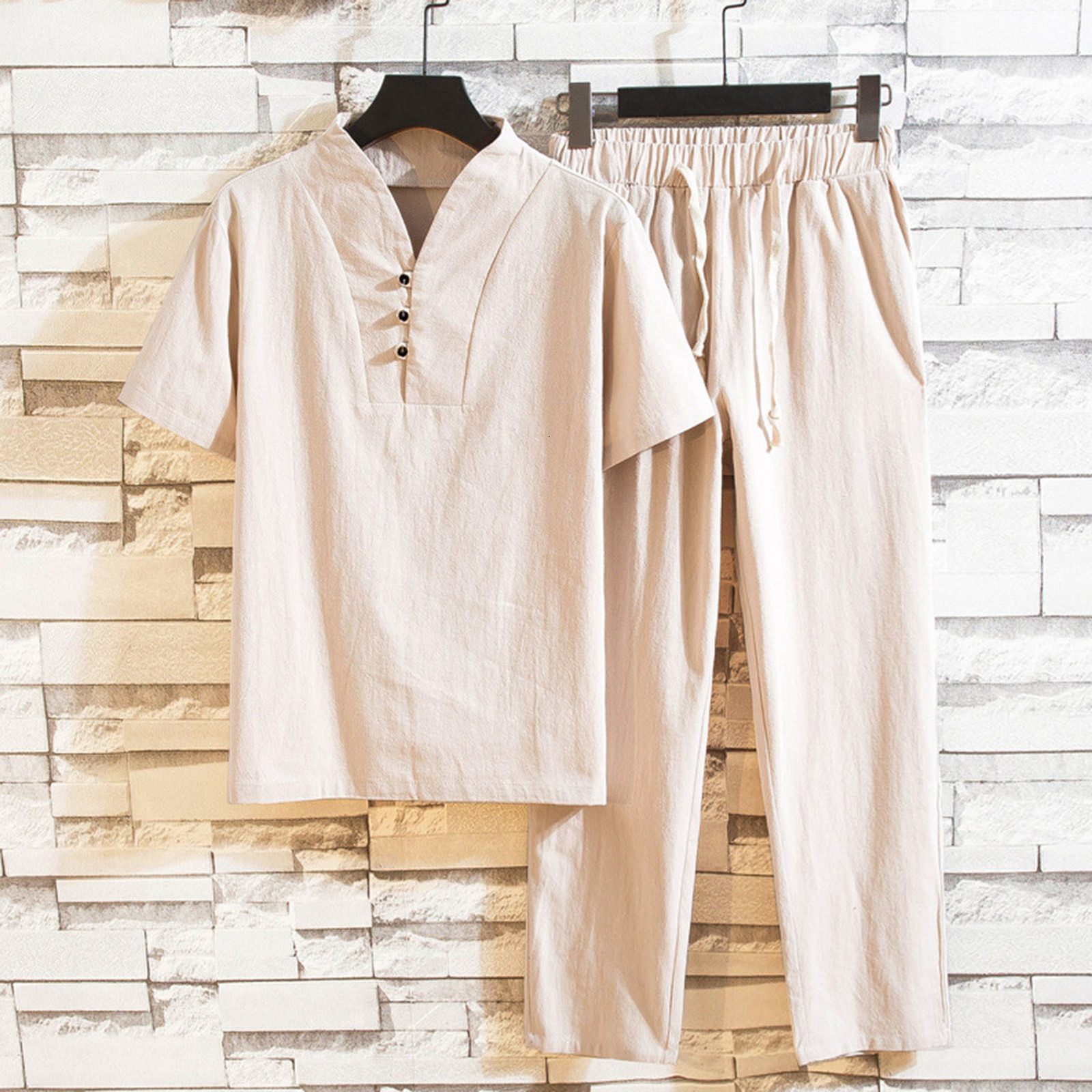 Mens Tracksuits Summer Men Tracksuit Chinese Style Solid Color V Neck Short Sleeve Top Ninth Pants Set Sportswear Fashion Male Suit Two Piece 230724