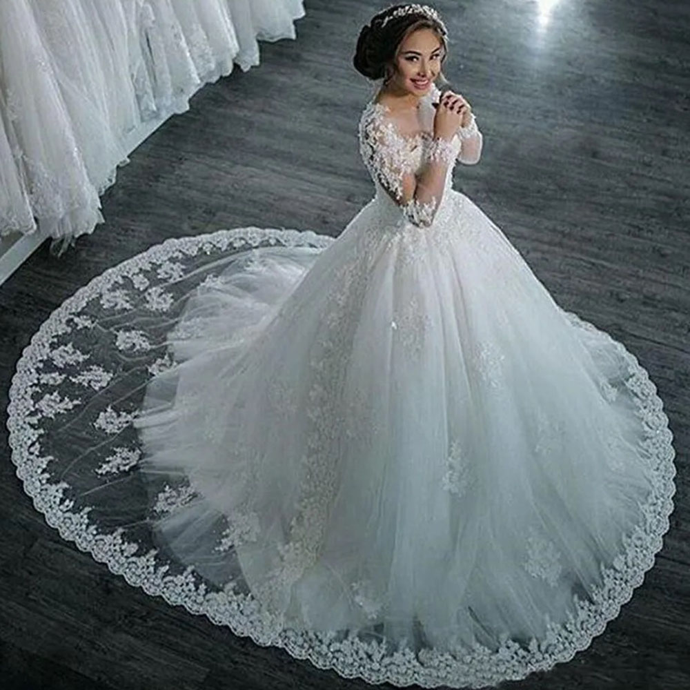 Wedding Dresses Ivory Bridal Gowns White New Plus Size Formal Ball Gown Tulle Applique Custom Beaded Button Zipper O-Neck Long Sleeve Illusion