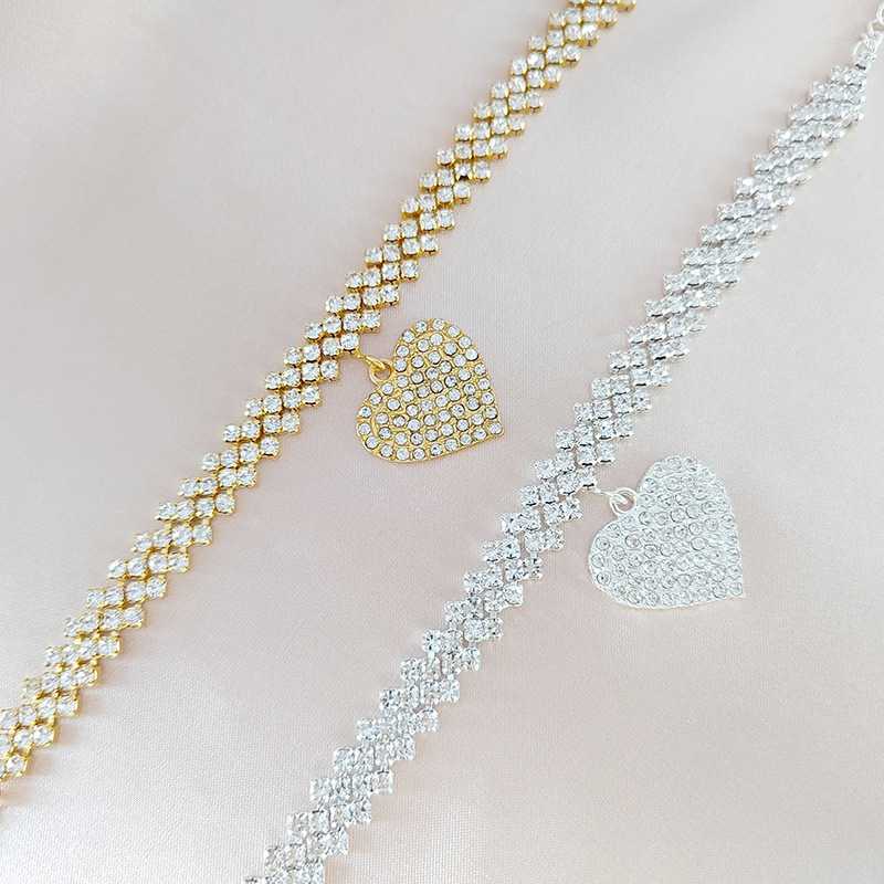 Fashion 3 Rows Rhinestone Heart Ankle Bracelets for Women Summer Crystal Tennis Anklet Foot Jewelry Hip Hop Beach Party Gift 230719