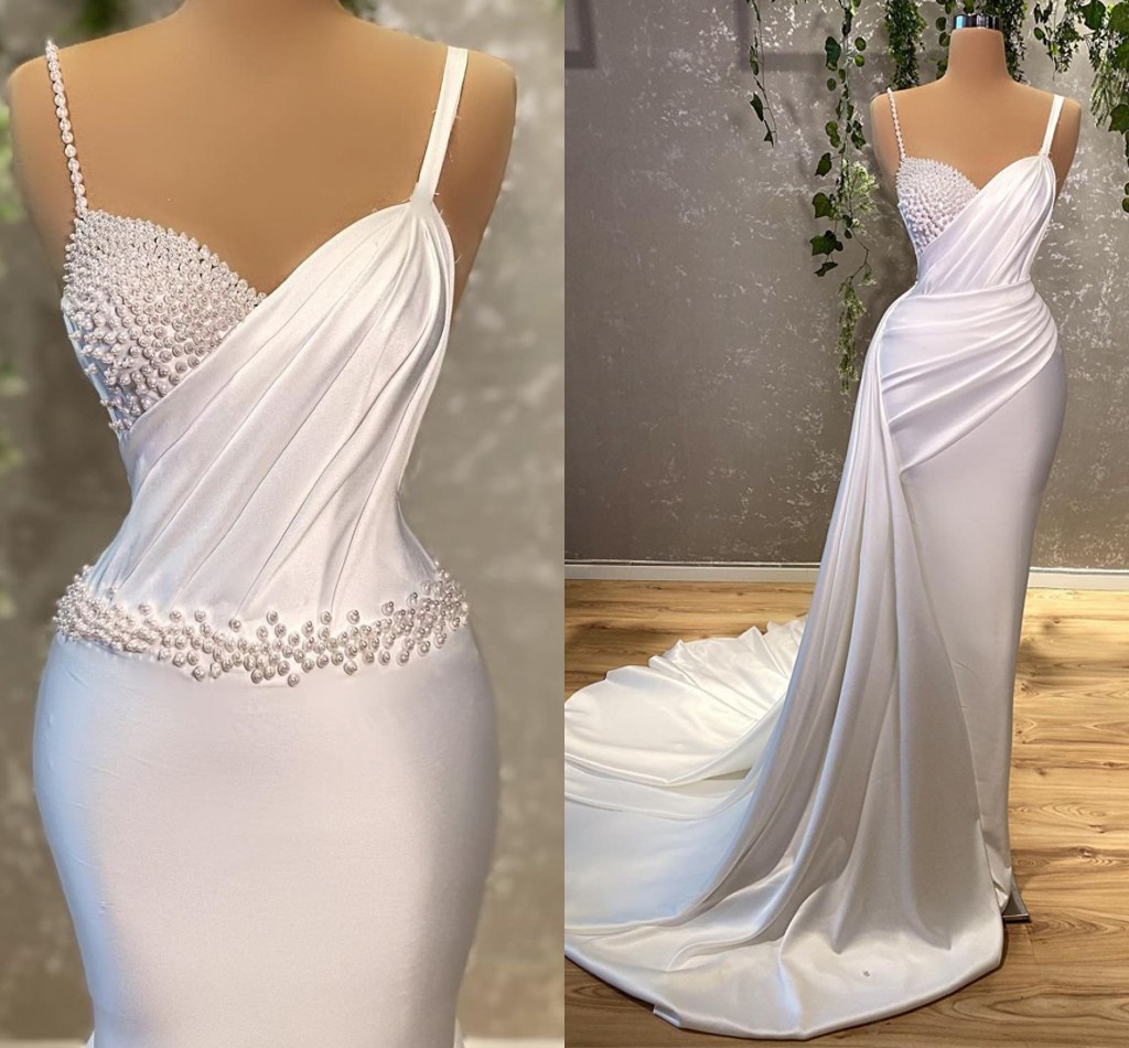 Sexy Wedding Dresses For Women Charming 2024 Straps Pearls Bride Dress White Mermaid Floor Length Robe De Mariee Customize Vestidos De Novia