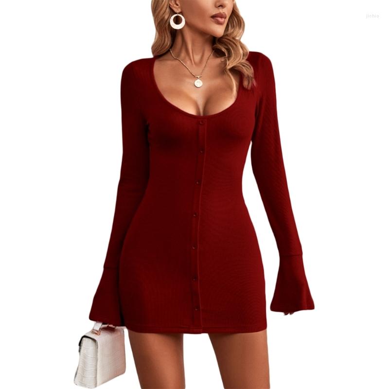 Casual Dresses Elegant Womens Knitted Long-Sleeved Dress With U-Neckline And Solid Color Perfect For Spring Summer 2023