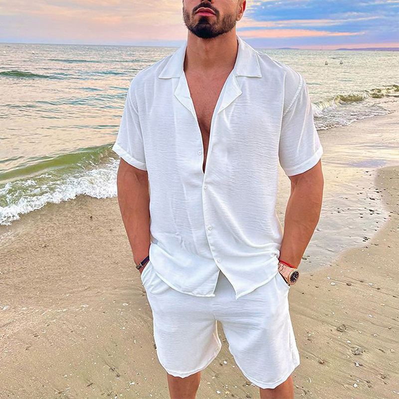 Mens Tracksuits Summer Casual Loose Two Piece Sets Beach Solid Cotton Linen Man Suit Short Sleeve Button Shirt and Shorts Office Outfits 230724