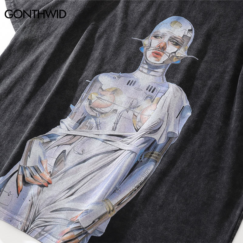 Men's T-Shirts Distressed Oversized T-Shirt Streetwear Hip Hop Vintage Robot Graphic Print Tshirt Men Harajuku Casual Short Sleeve Tee Shirts 230 - view 4