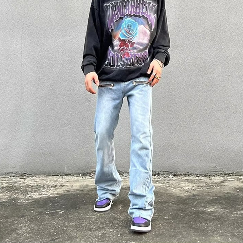 Mens Jeans Y2K Fashion Zipper Retro Washed Baggy Flare Jeans Pants Men Streetwear Hip Hop Wide Leg Straight Denim Trousers Ropa Hombre 230724