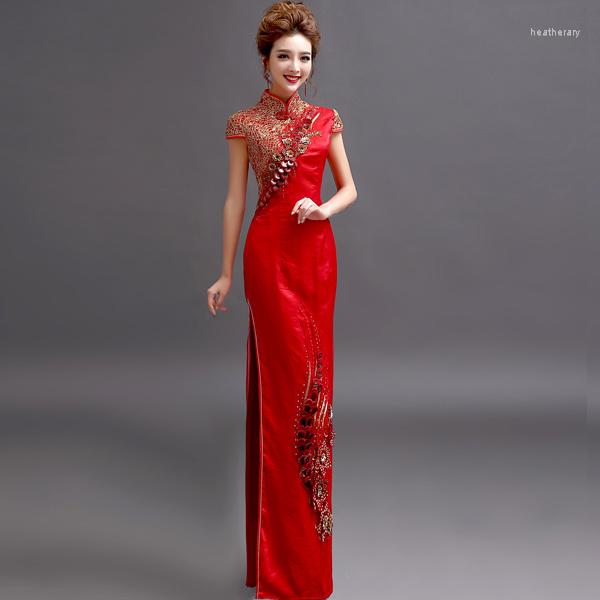 Ethnic Clothing Chinese Traditional Cheongsam Embroidery Modern Elegant Qipao Oriental Embroidered Long Red Wedding Dress Evening Party Gown