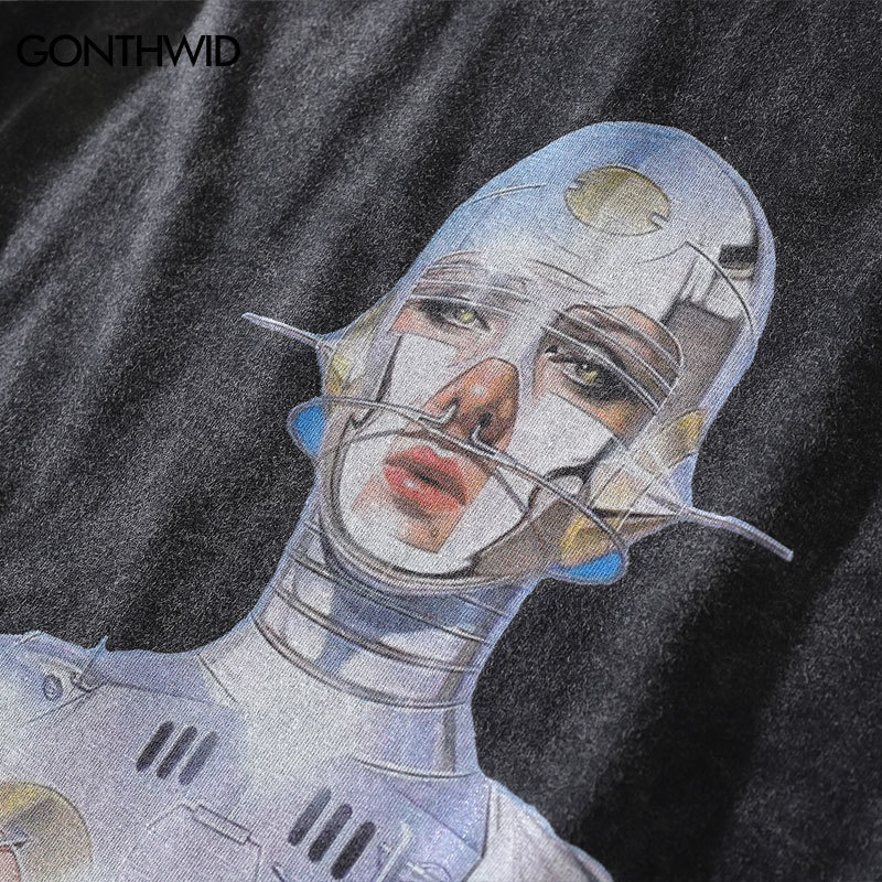 Men's T-Shirts Distressed Oversized T-Shirt Streetwear Hip Hop Vintage Robot Graphic Print Tshirt Men Harajuku Casual Short Sleeve Tee Shirts 230 - view 5