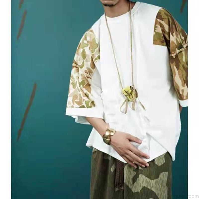

Designer Fashion Clothing Hip hop Tees TShirts Kapital Kountry Smiling Face Camo Color Block Short Sleeve T-shirt, White