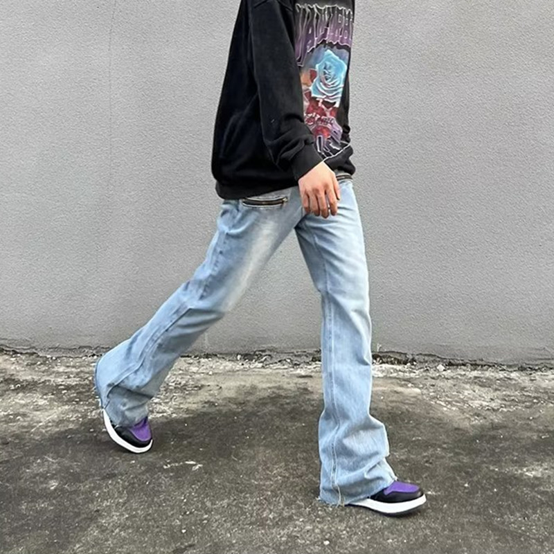Mens Jeans Y2K Fashion Zipper Retro Washed Baggy Flare Jeans Pants Men Streetwear Hip Hop Wide Leg Straight Denim Trousers Ropa Hombre 230724