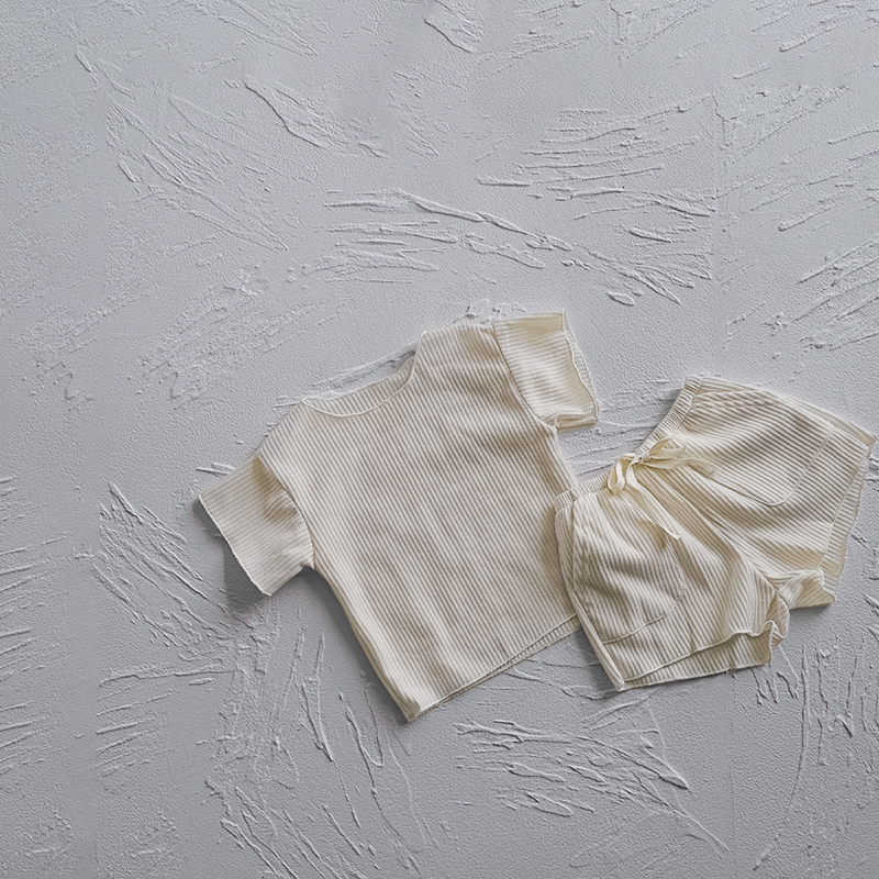 Clothing Sets 2Pcs Summer Boys Girls Solid Color Soft Loose Short Sleeve Drawstring Shorts Waffle Outfits Children Knitted Suits 230724