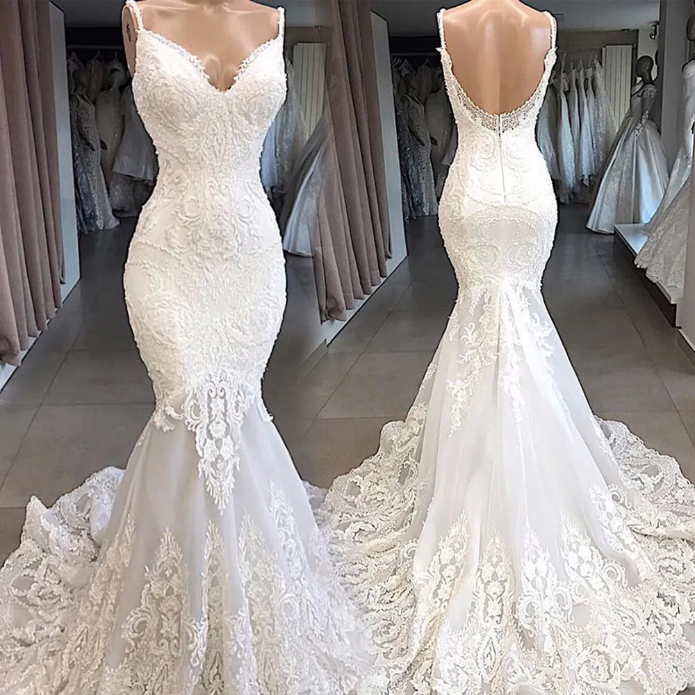 Wedding Dresses White Bridal Gowns Plus Size New Ivory Formal Mermaid Trumpet Tulle Applique Custom Beaded Button Sweetheart Spaghetti Sleeveless Zipp