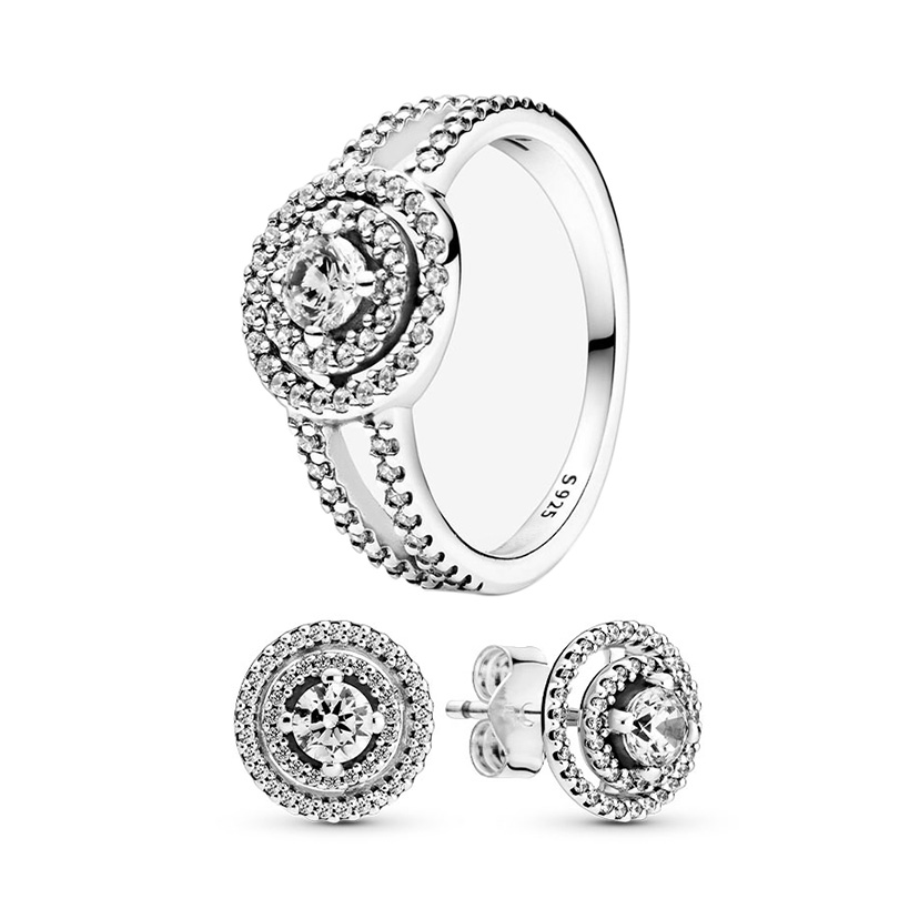 Sparkling Double Halo Stud Earrings & Ring Set Authentic 925 Sterling Silver Luxurious RING Women Wedding Party Jewelry set Diamond Earrings ring with Retail Box