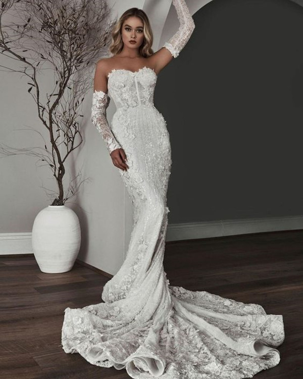 3D Floral Lace Mermaid wedding Dresses with Sparkly Beaded Sequins Sweetheart Remove Long Sleeve Fishtail Bridal Gowns