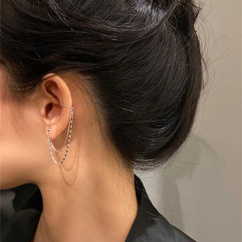 Dangle Chandelier 1 Pc Multi Layer Chain Earrings Long Tassel Piercing Stud Earring Ear Cuff Women's Clip Earrings 2022 Silver Color Ear Jewelry