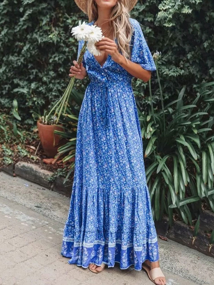 Basic Casual Dresses Summer Maxi Boho Dress Womens Tassel Bohemian Long Party Dress Womens Adhesive Flower Print Beach Dress 230724