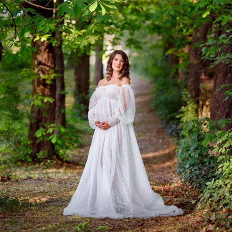 Maternity Dresses White Dot Tulle Maternity Pography Props Dress See Through Maternity Po Shoot Tulle Long Dress Lantern Sleeve 230724